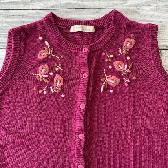 Vintage 90s Burgundy Floral Embroidered Cardigan Sweater Vest - Picture 2 of 13
